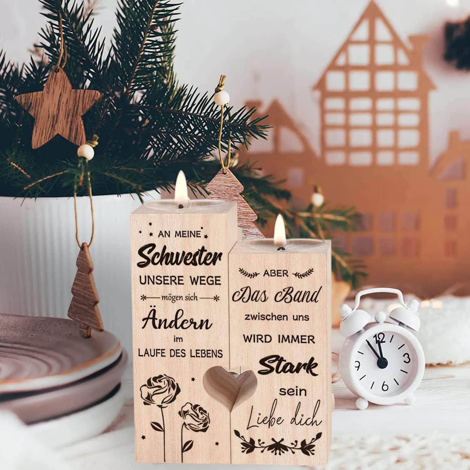 Kerzenhalter Herzform Personalisiert Naturholz Geschenk Schwester