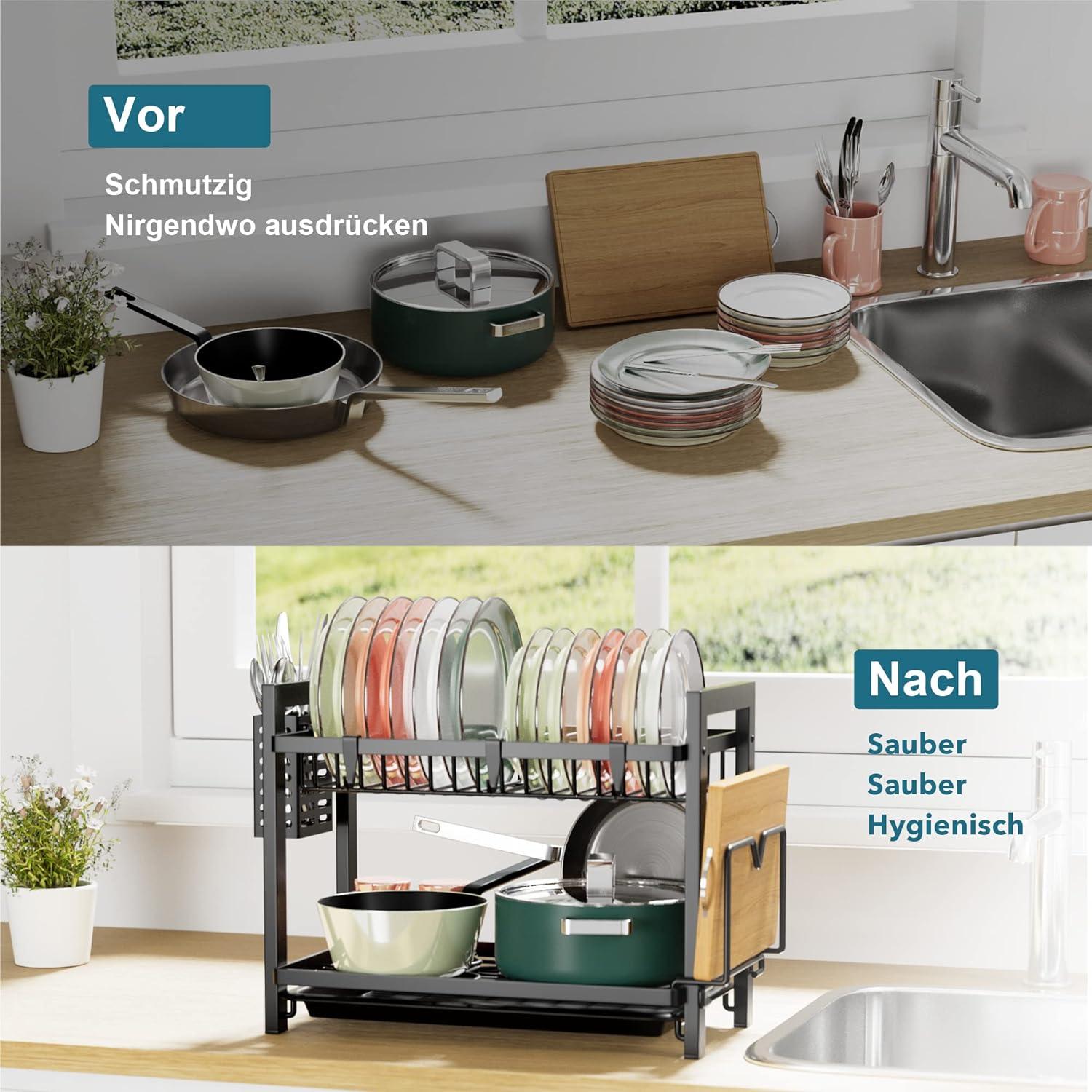 2-stufiges Geschirr Abtropfgestell Schwarz Edelstahl Utensilienhalter 2-tier