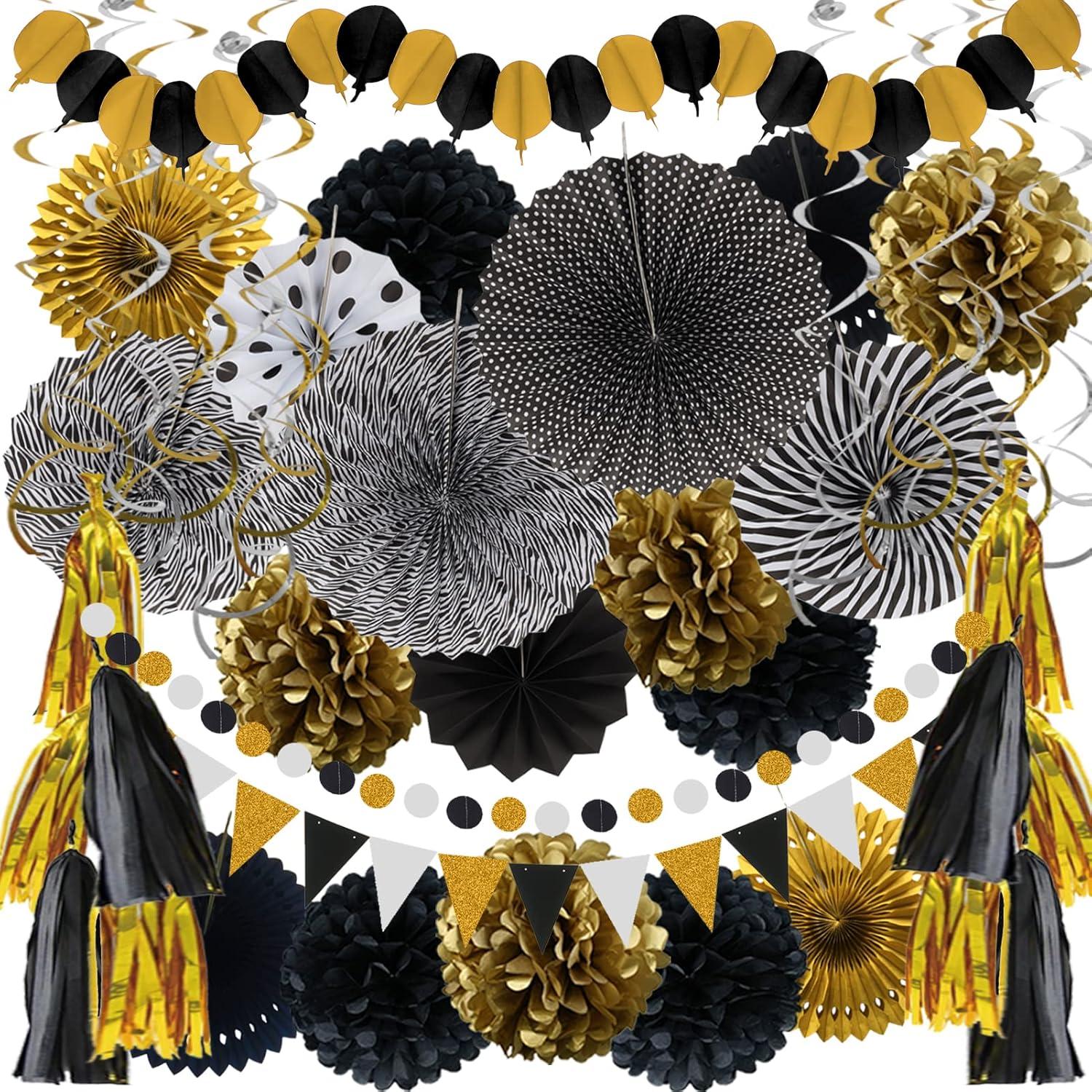 Party Deko Schwarz Gold Papier Pompoms Girlande