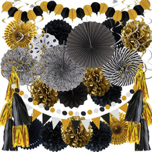 Party Deko Schwarz Gold Papier Pompoms Girlande