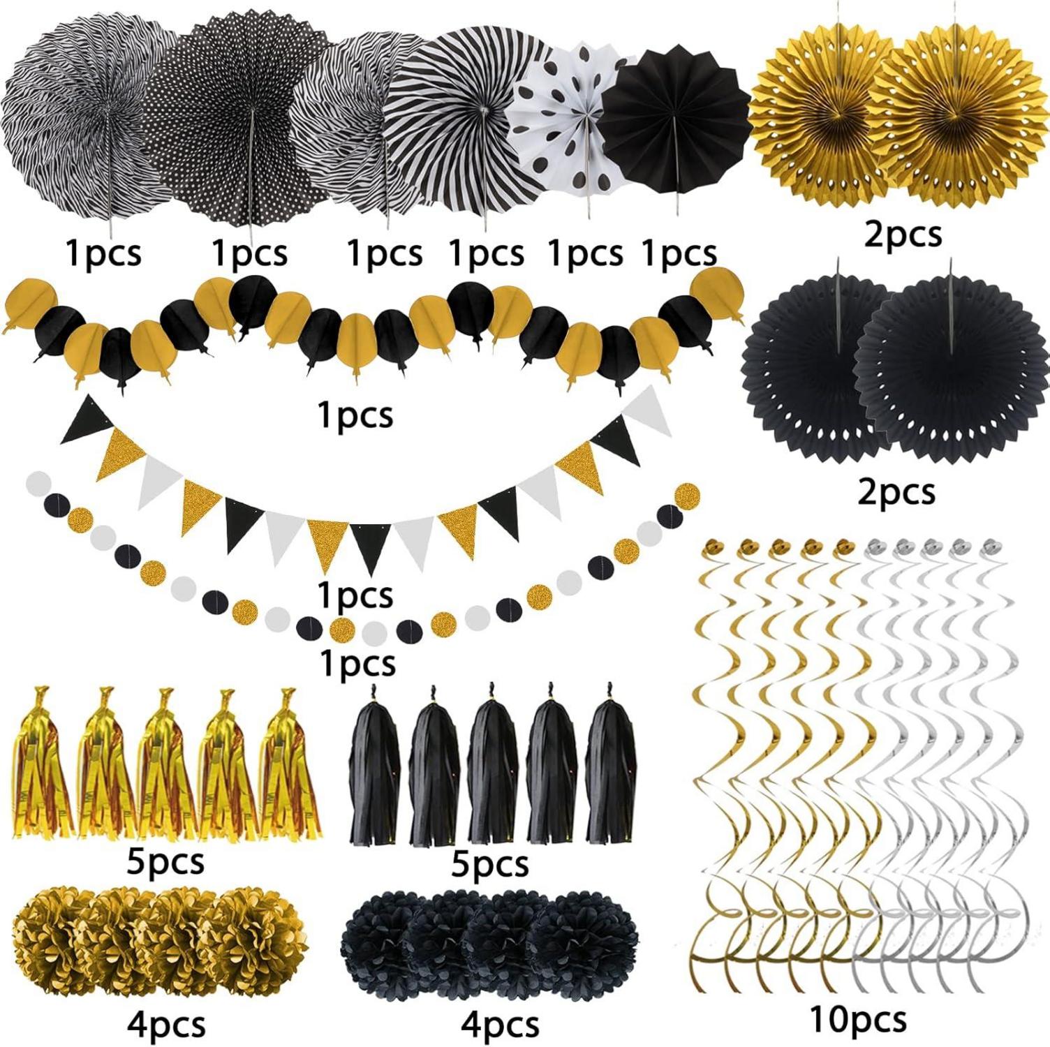 Party Deko Schwarz Gold Papier Pompoms Girlande