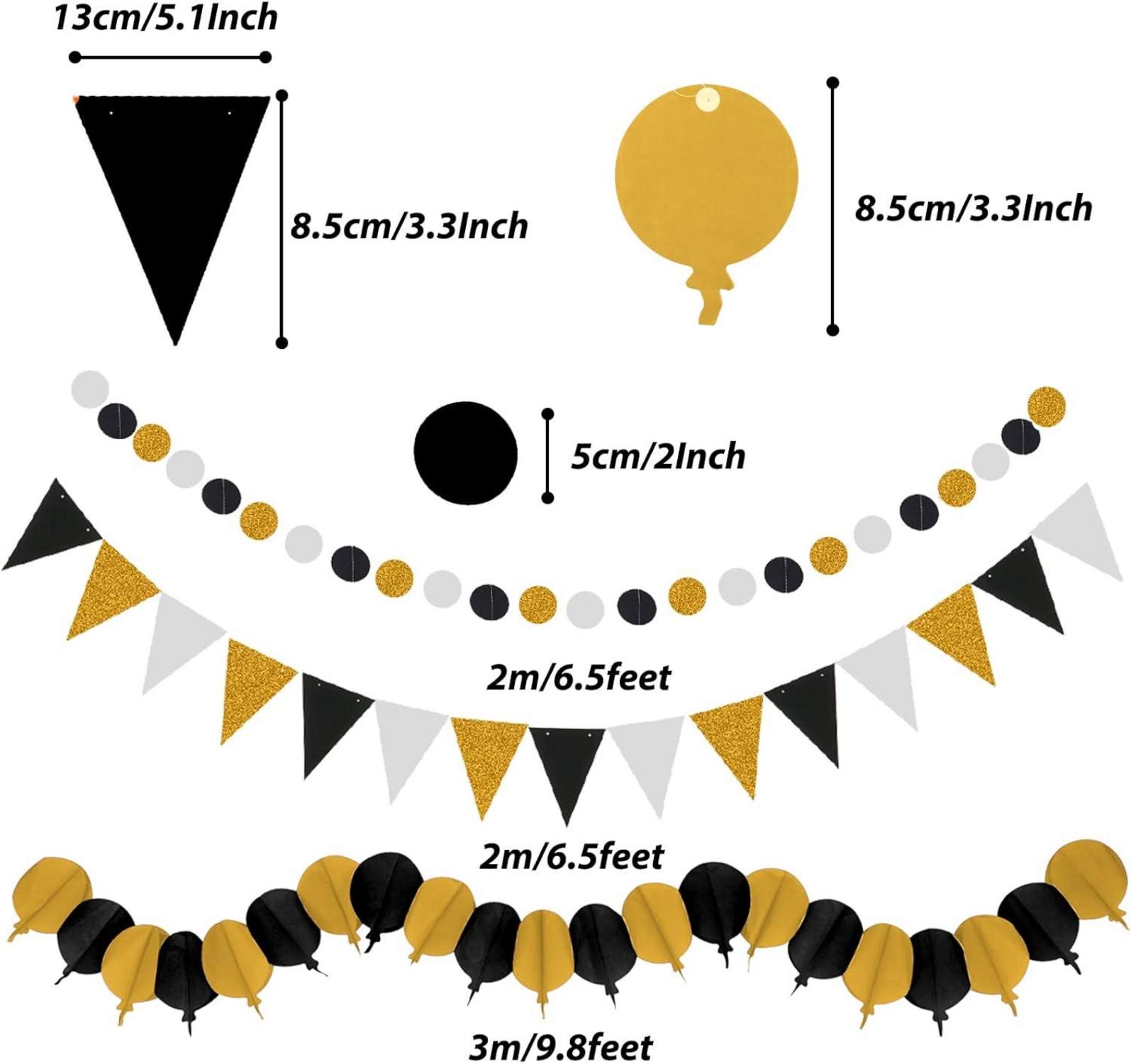41-teiliges Schwarz Gold Party Deko Set - Papier Pompoms, Girlande