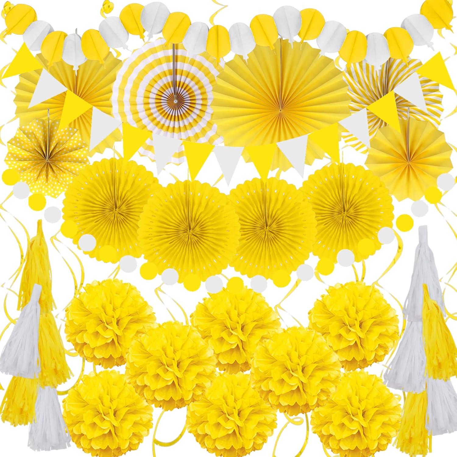 Gelbe Party Deko Set mit Pompoms, Girlande & Fans