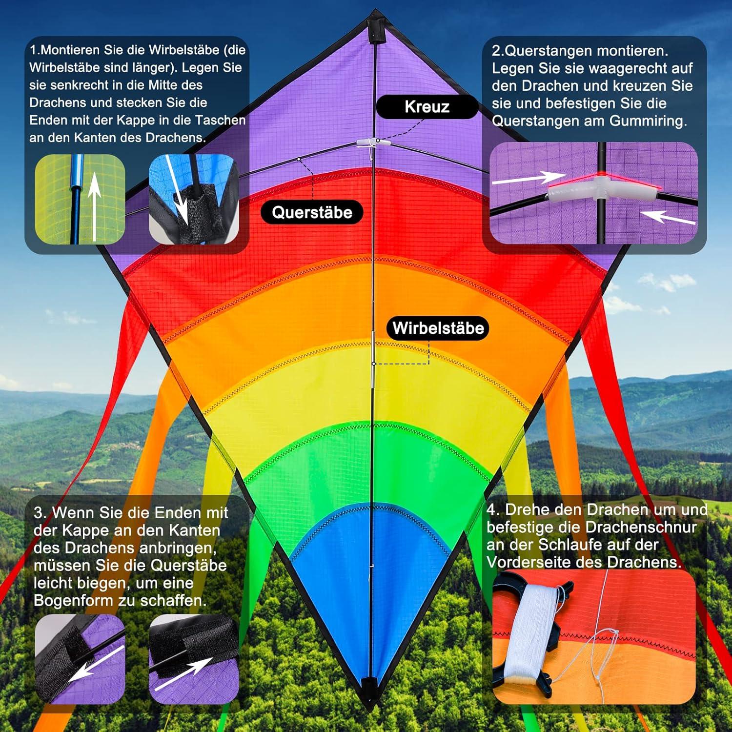 LEBEXY Einleiner Flugdrachen für Kinder Bunt Delta Lenkdrachen 73x65