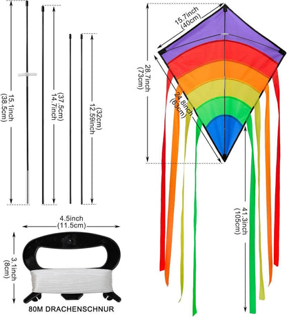 LEBEXY Einleiner Drachen Kinder 73x65cm bunt Delta Lenkdrachen 80m Schnur