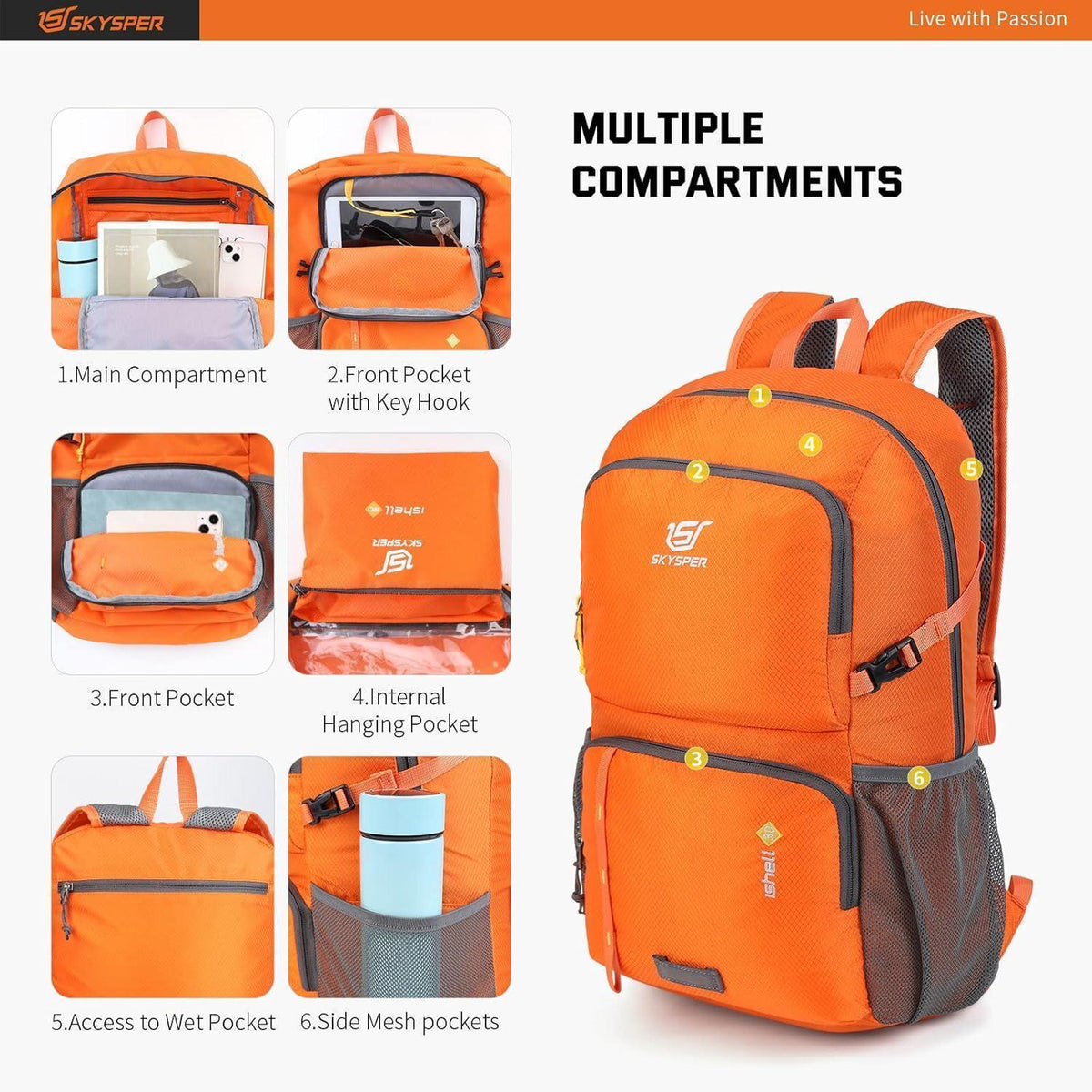 Faltbarer Wanderrucksack 30L mit Nassfach, wasserfest, orange