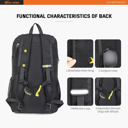 Ultraleichter Faltbarer Rucksack 30L Nassfach Wasserfest Schwarz