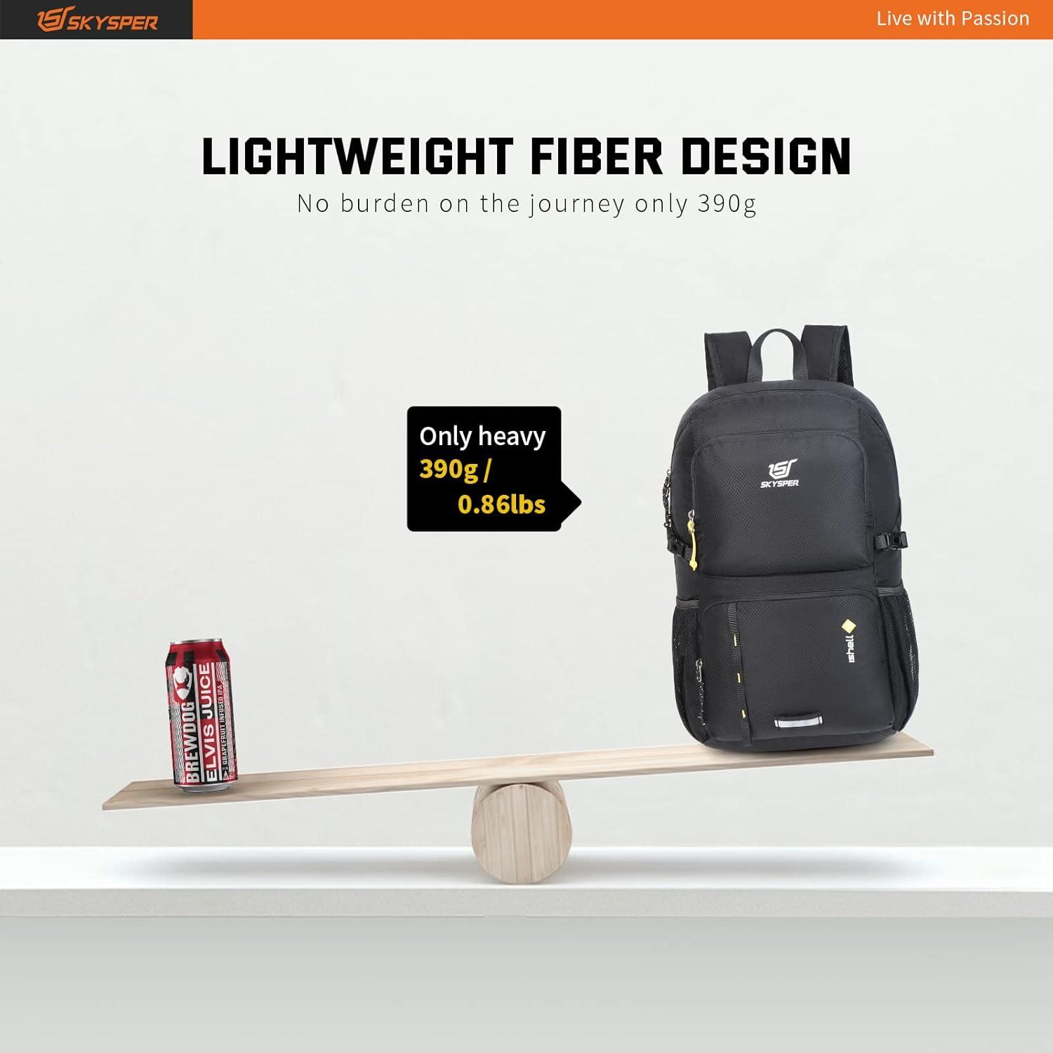 SKYSPER Ultraleichter Faltbarer Rucksack 30L Schwarz - Wasserdicht, Verstaubar