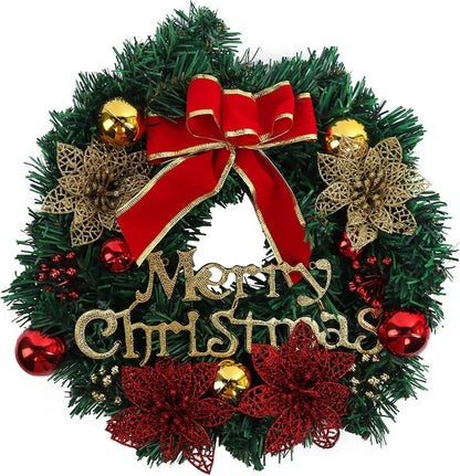 Weihnachtskranz mit Weihnachtsgirlande und Geschenkkugeln