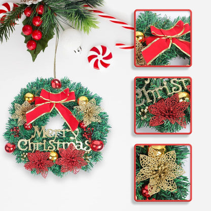 Weihnachtskranz mit Weihnachtsgirlande und Geschenkkugeln