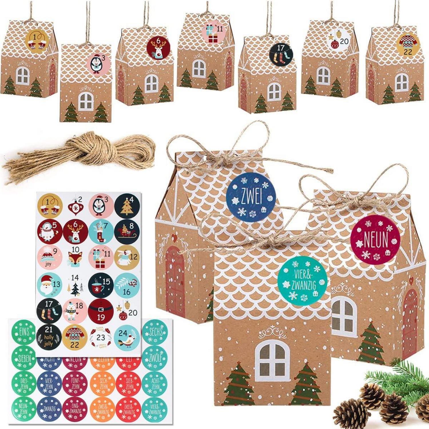 Adventskalender DIY Weihnachten 2023 Häuschen Zahlen Aufkleber Tüten