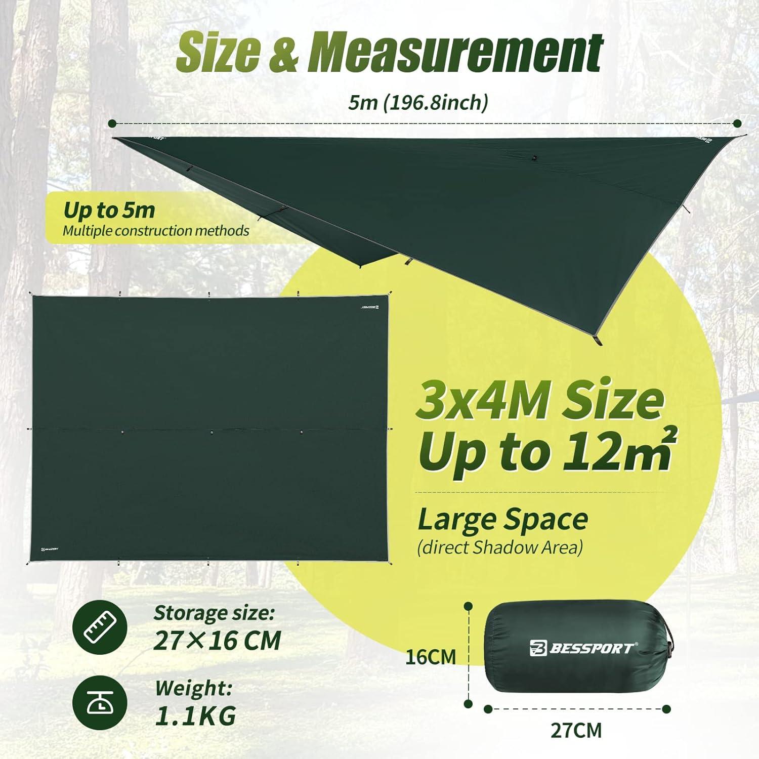 Bessport Camping Zelt Tarp 3x4m Wasserdicht PU3000mm Grün mit Zubehör