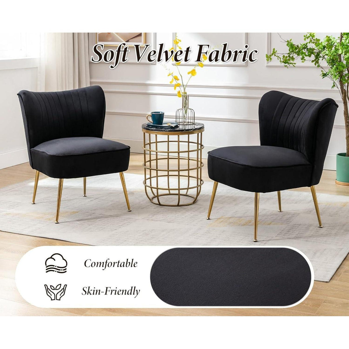 Samt Polsterstuhl Schwarz – Moderner Lesesessel mit Metallbeinen