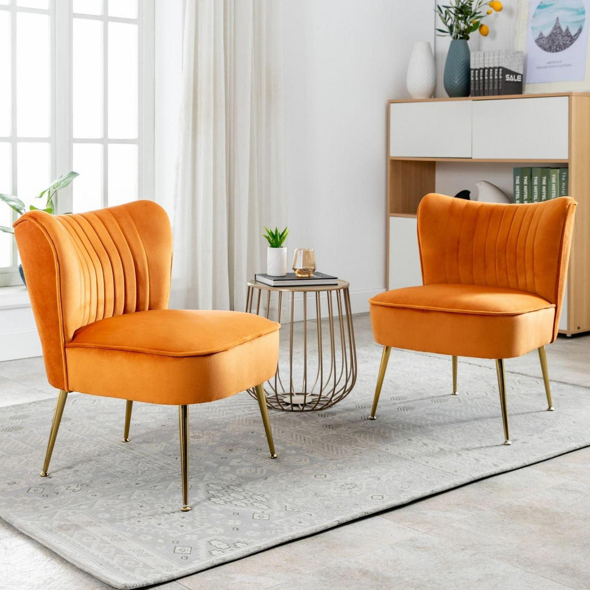 Samt Polsterstuhl Orange – Moderner Lesesessel mit Metallbeinen