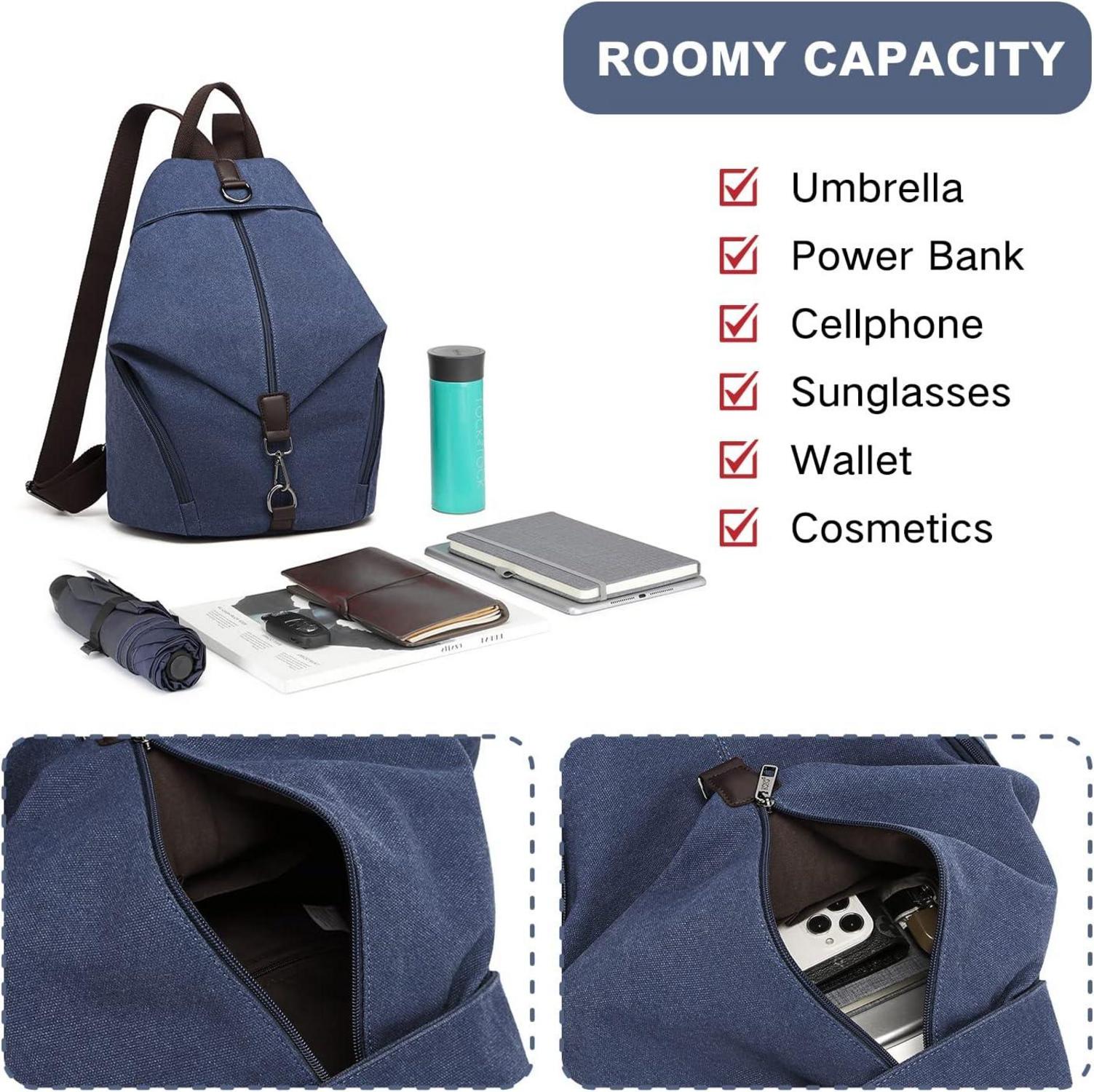 Rucksack Damen Canvas Daypack Vintage Umhängetasche Schule Reise Blau