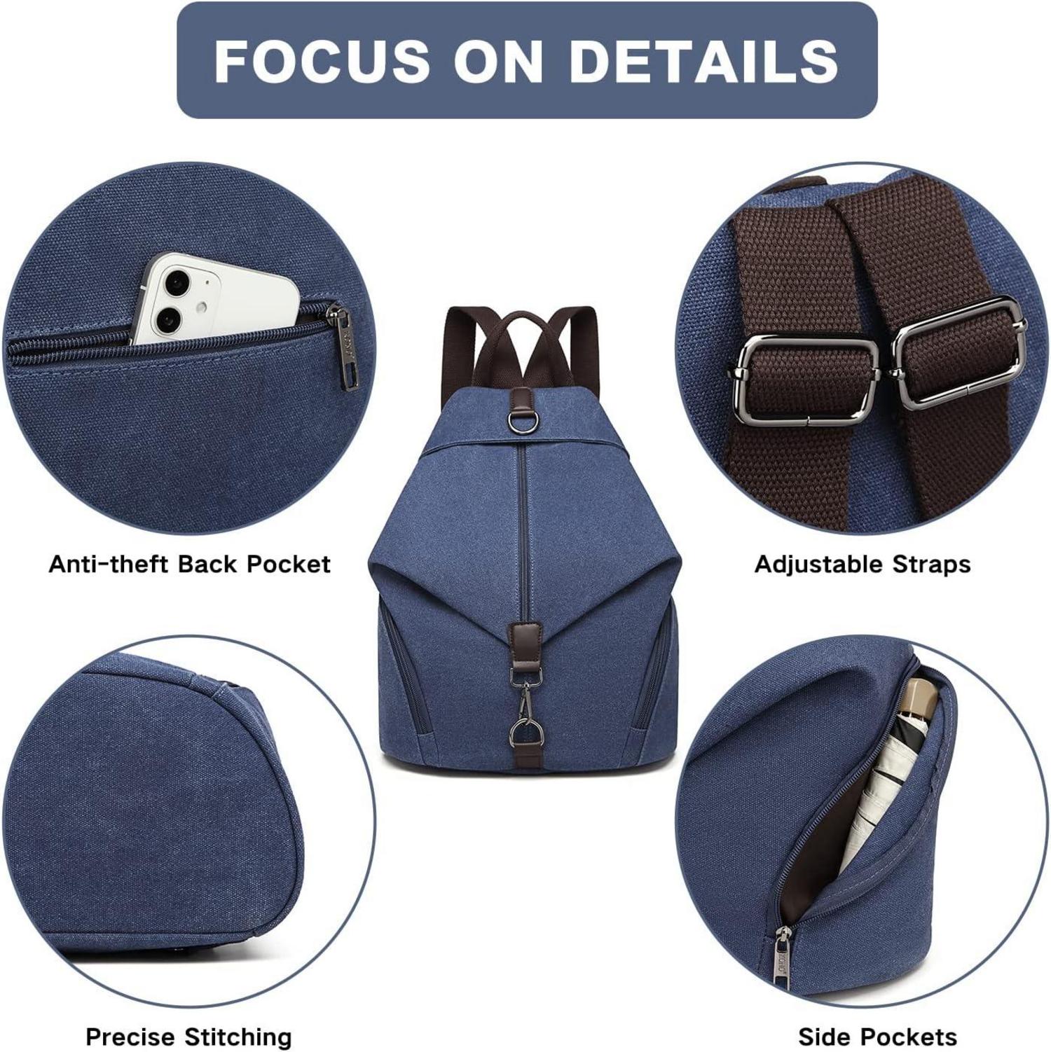 Canvas Vintage Rucksack Damen Daypack Groß Blau 31x16x38cm