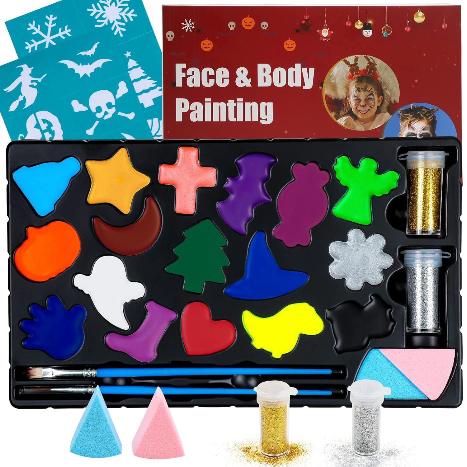 Professionelles Kinderschminke Set mit 17 Farben, Schablonen, Pinsel