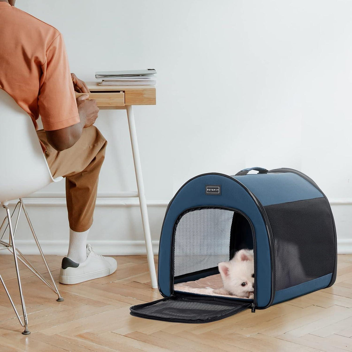 Faltbare Hundebox mit Kissen – Atmungsaktiv & Tragbar (Blau, M)
