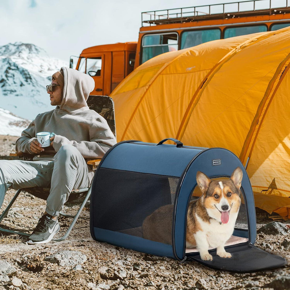 Faltbare Hundebox mit Kissen – Atmungsaktiv & Tragbar (Blau, M)