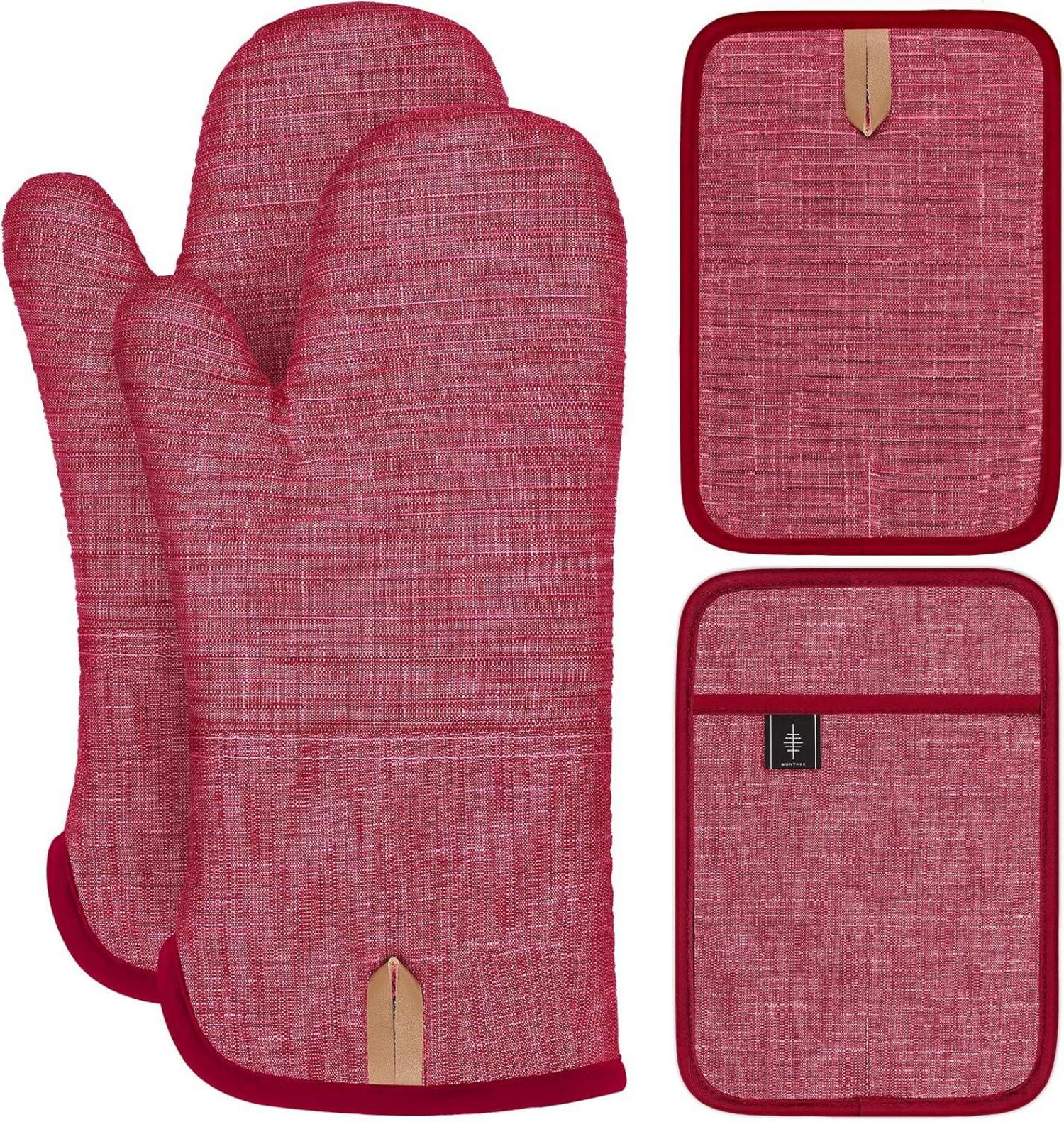 Topflappen und Ofenhandschuhe Set hitzebeständig in Rot - 4er Set