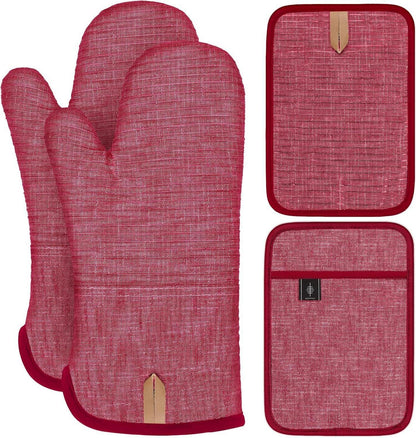 Topflappen und Ofenhandschuhe Set hitzebeständig in Rot - 4er Set