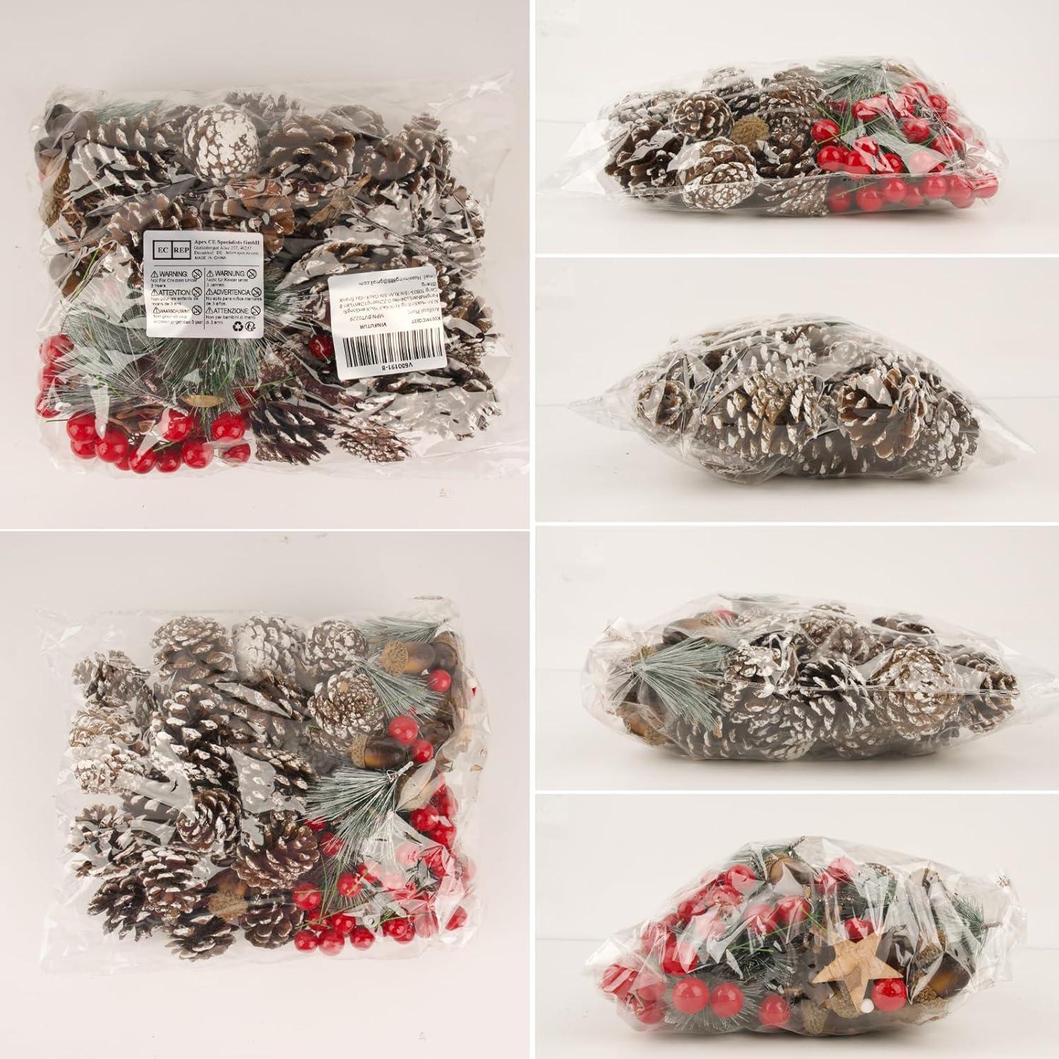 VINFUTUR 108-teiliges Weihnachtsbastelset Beeren Tannenzapfen Eicheln Holzsterne