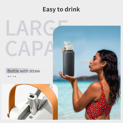 Edelstahl Trinkflasche mit Strohhalm 1000ml Thermoskanne Auslaufsicher