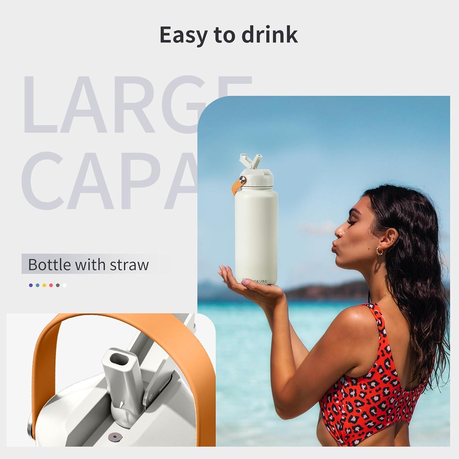 Edelstahl Trinkflasche 1000ml Strohhalm Thermoskanne BPA-frei