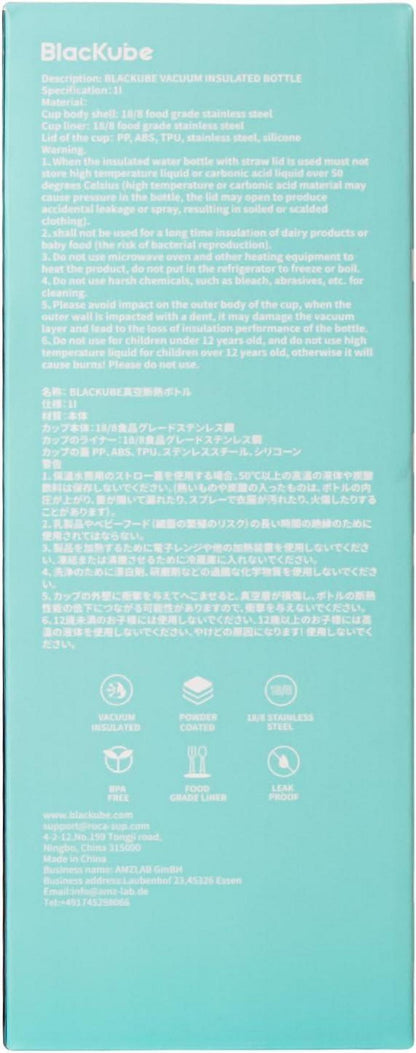 Edelstahl Trinkflasche mit Strohhalm 1000ml Thermosflasche BPA-frei, Auslaufsicher - Sport, Schule, Fitness, Outdoor, Camping