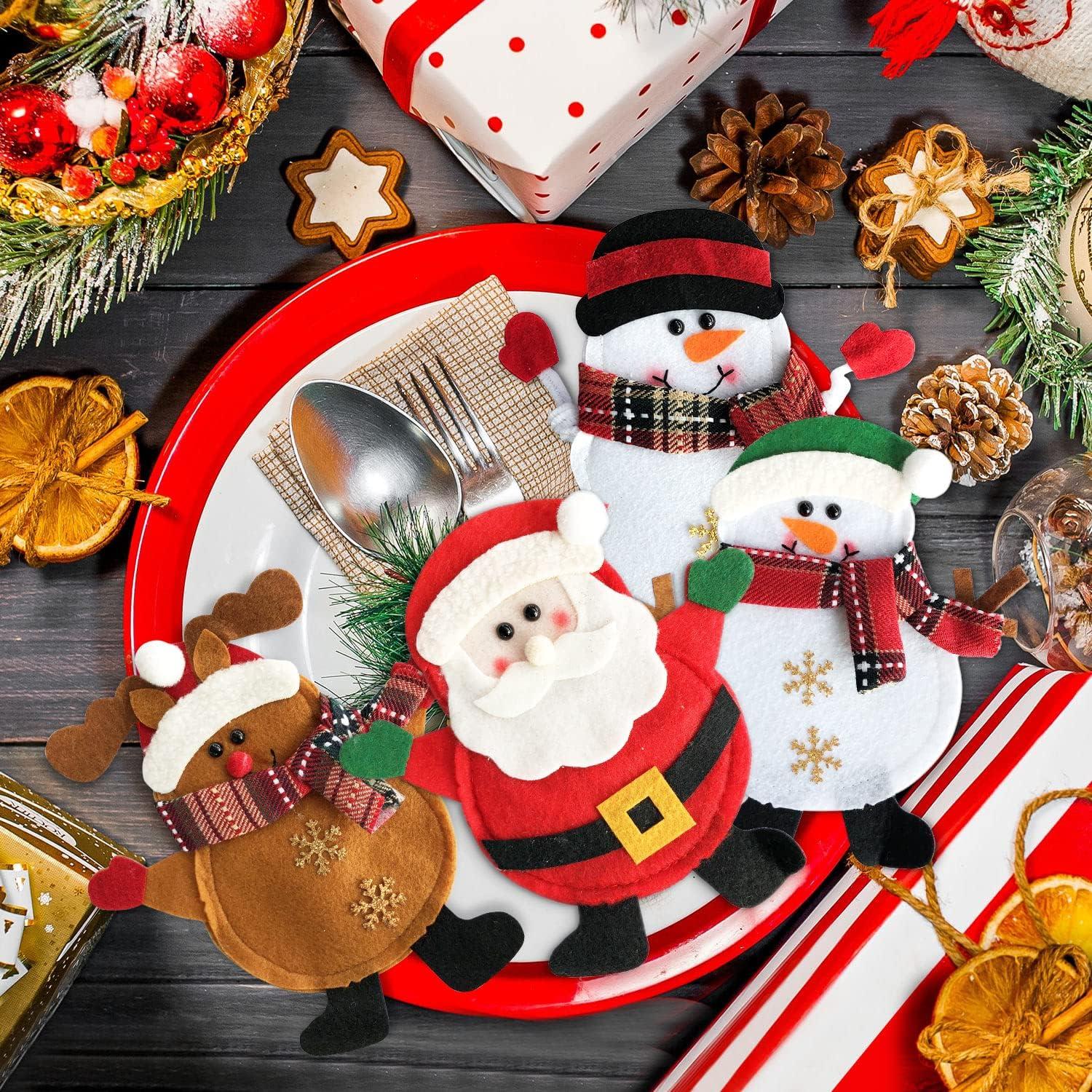 Weihnachts Bestecktasche Vliesstoff Set 6-teilig Deko Santa Rentier Schneemann