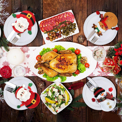 Weihnachts Bestecktasche Vliesstoff Set 6-teilig Deko Santa Rentier Schneemann