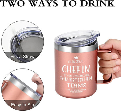 Chefin Geschenk Tasse 350ml Kaffeebecher Henkel Edelstahl Roségold