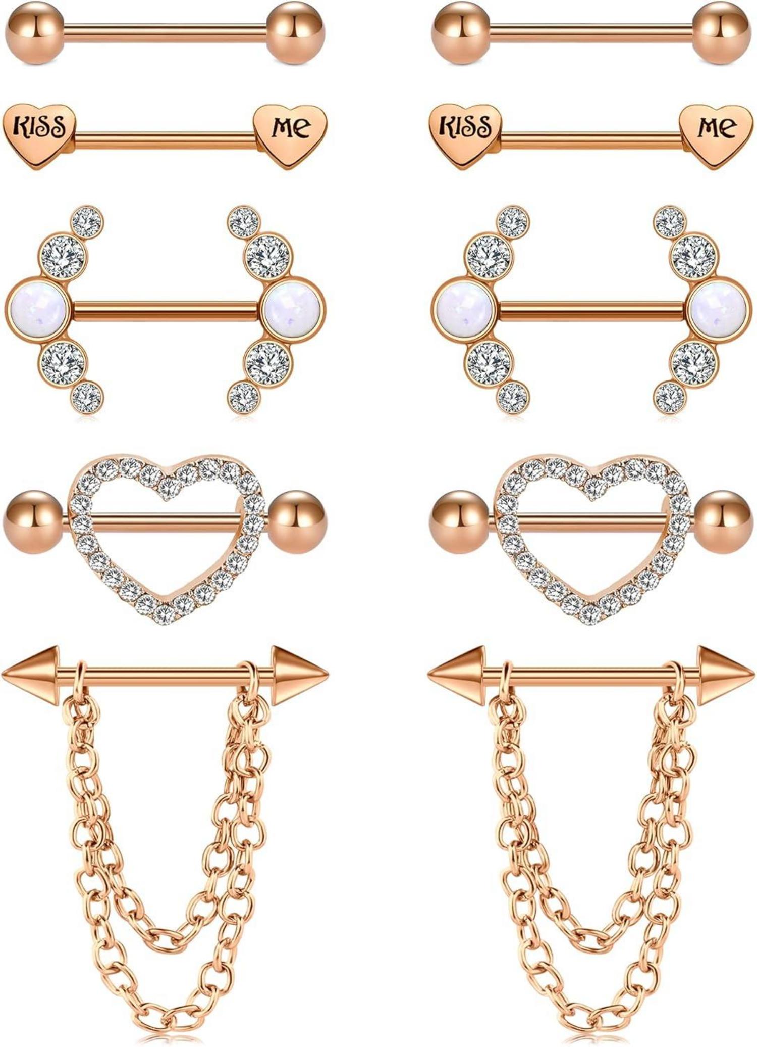 Nippel Piercing Set 5 Paar mit Diamant und Opal
