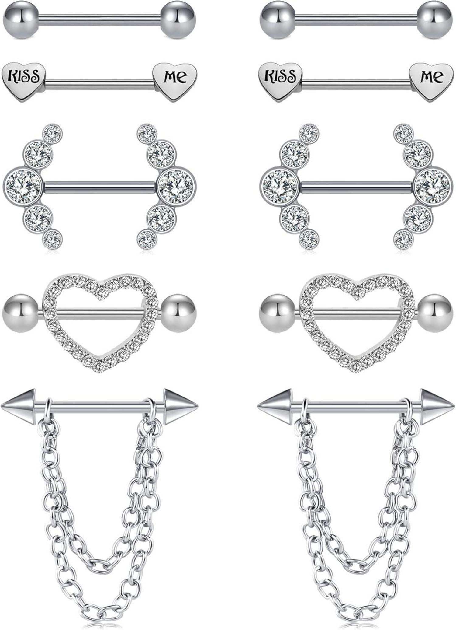Nippel Piercing Set 14G Chirurgenstahl Diamant Herz Opal Schmetterling