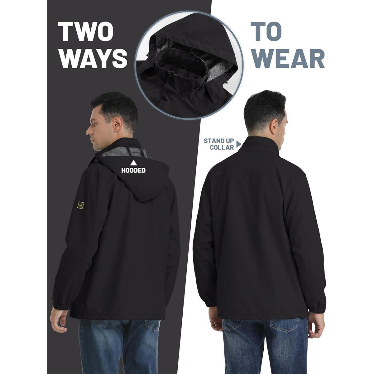 Herren Outdoorjacke Wasserabweisend mit Kapuze Schwarz