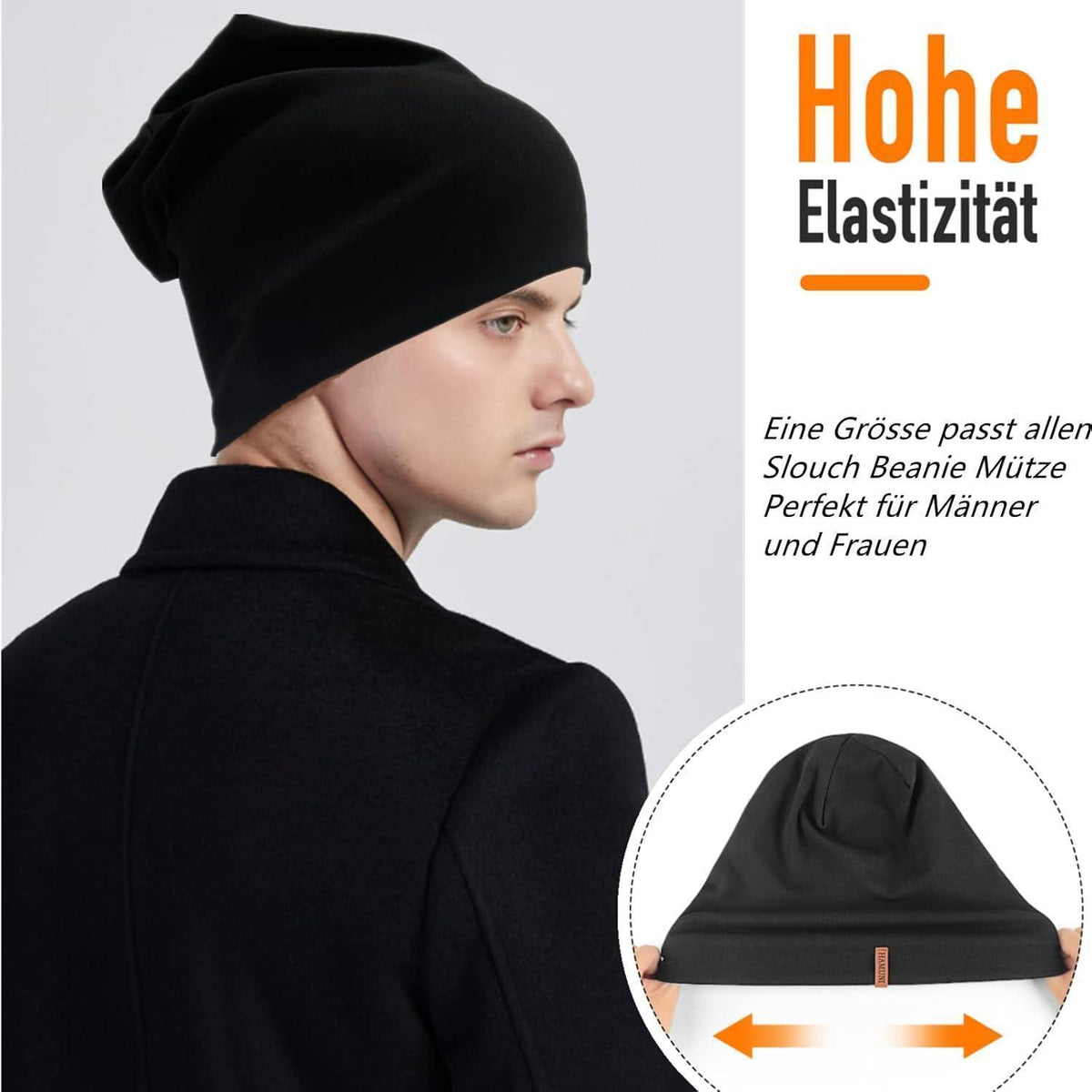 Baumwoll Beanie Mütze Damen Herren – Weiche Slouch Beanie Schwarz