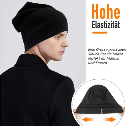 Baumwoll Beanie Mütze Damen Herren – Weiche Slouch Beanie Schwarz
