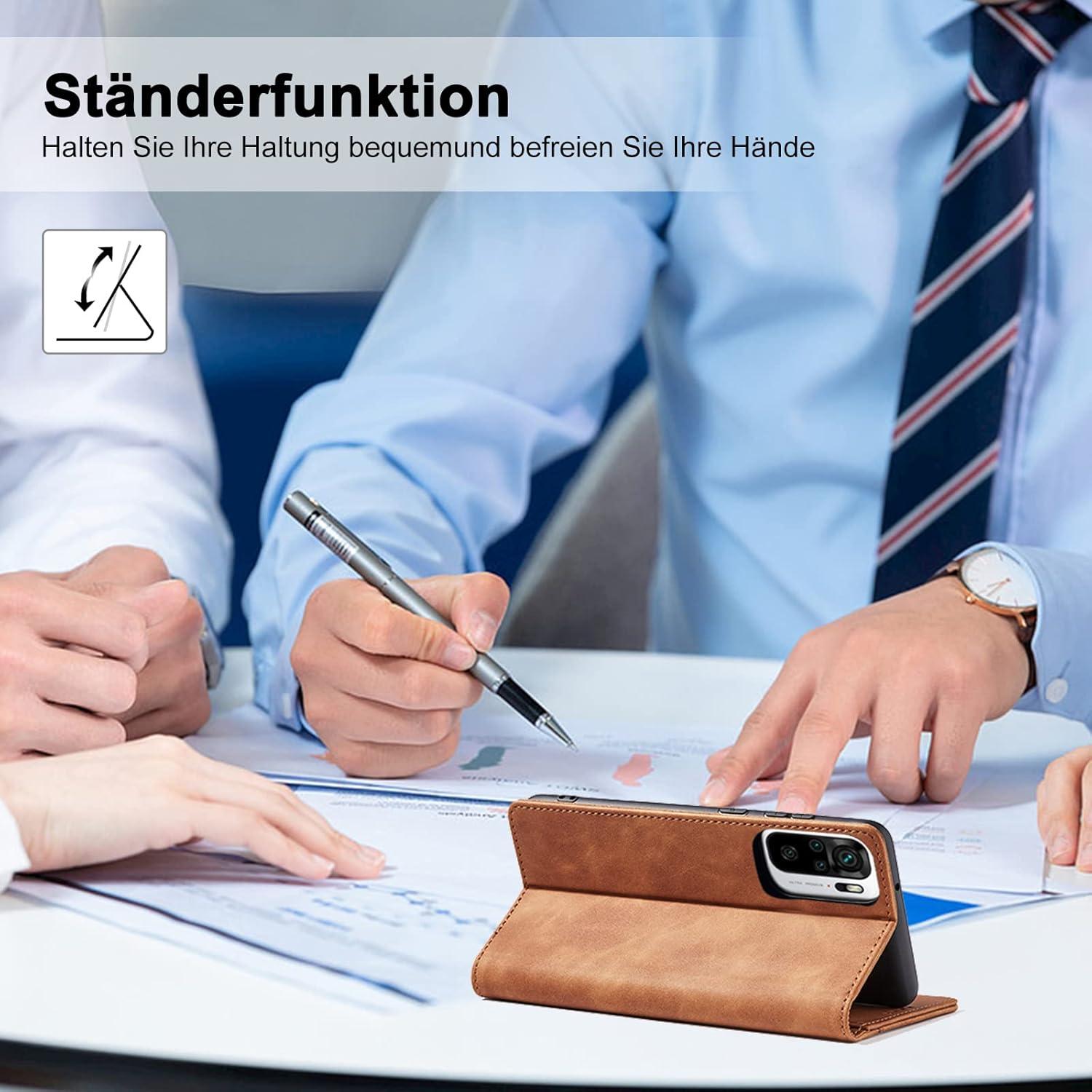 Xiaomi Redmi Note 10 4G Lederhülle Kartenfach Braun Magnet Standfunktion