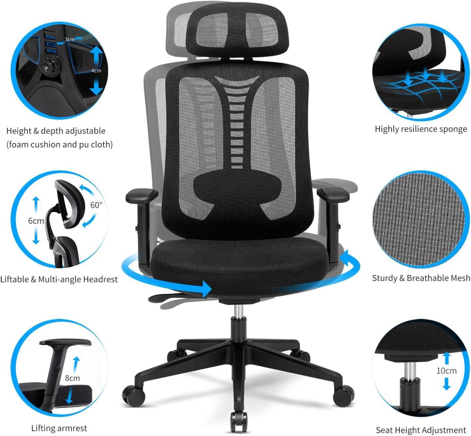 Bürostuhl Ergonomisch Verstellbarer Schreibtischstuhl Lendenwirbelstütze Kissen 3D-Kopfstütze Armlehne