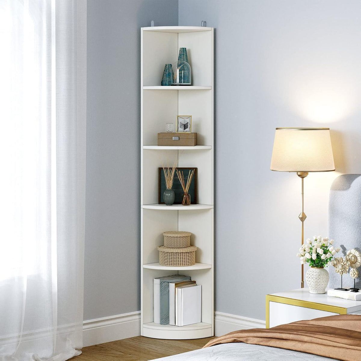 Weißes Eckregal 5-stöckig – Bücherregal für Wohnzimmer & Büro