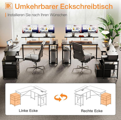 L-förmiger Schreibtisch mit Ablageschrank und Monitorablage