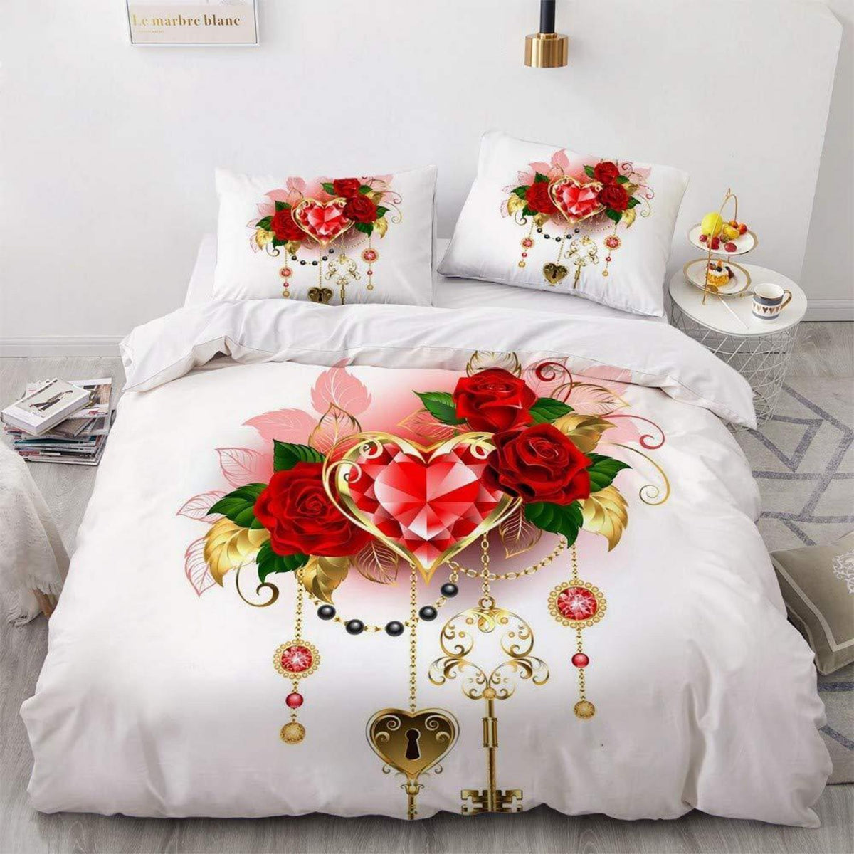 Romantisches Bettwäsche-Set 135x200cm, Rot Rosen, 4-teilig