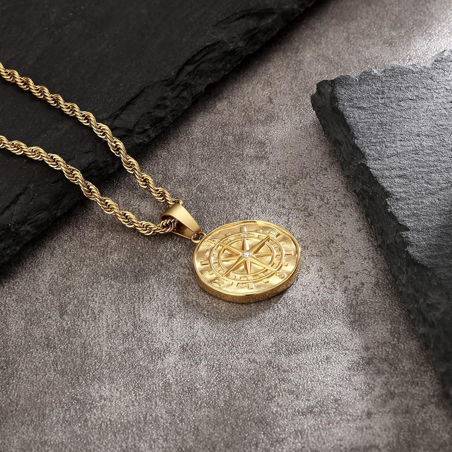 Herren Kompass Anhänger Goldkette 55,9cm Edelstahl 18K