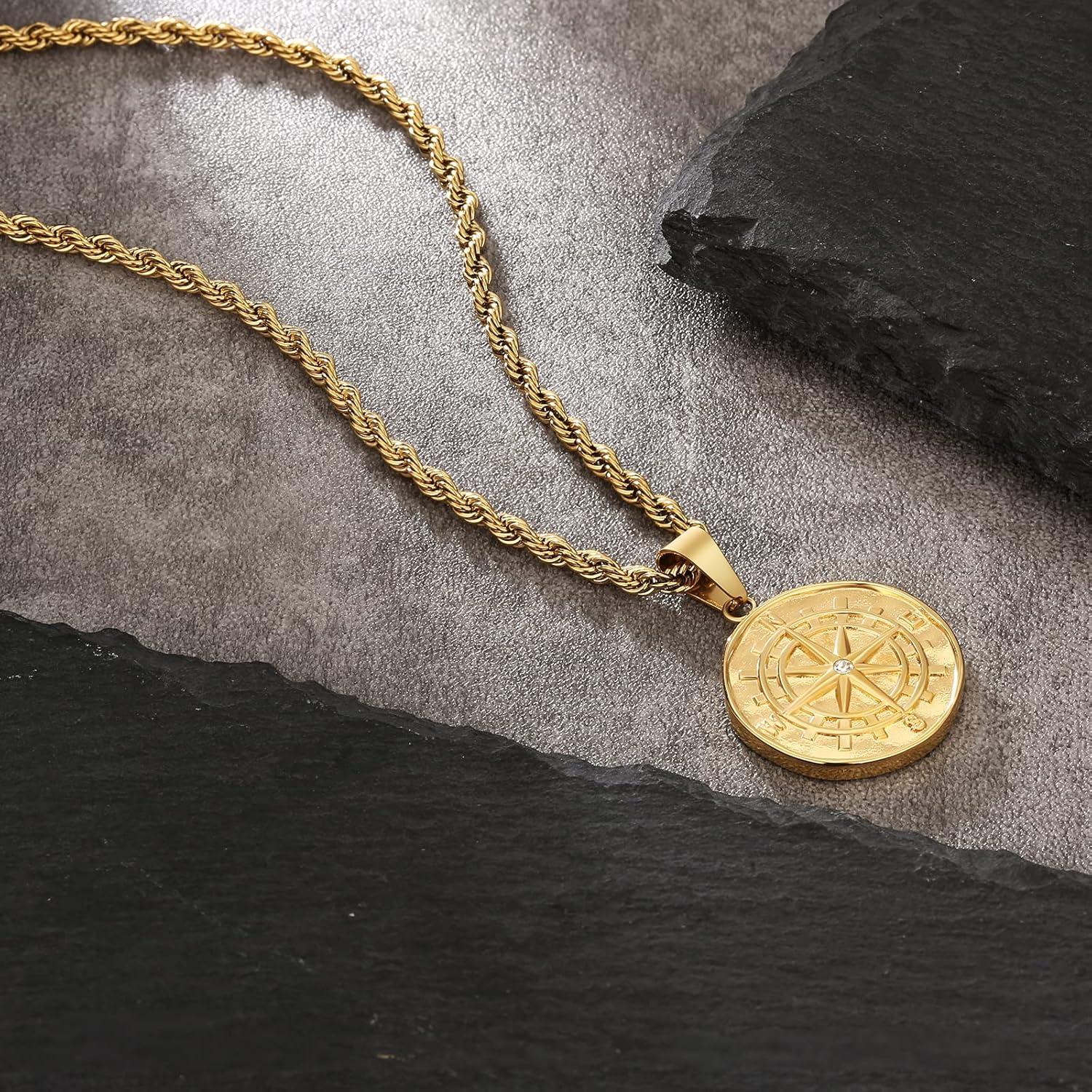 Herren Kompass Goldkette Münze Anhänger 55,9cm Edelstahl Kette
