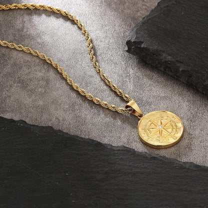 Herren Kompass Goldkette Münze Anhänger 55,9cm Edelstahl Kette