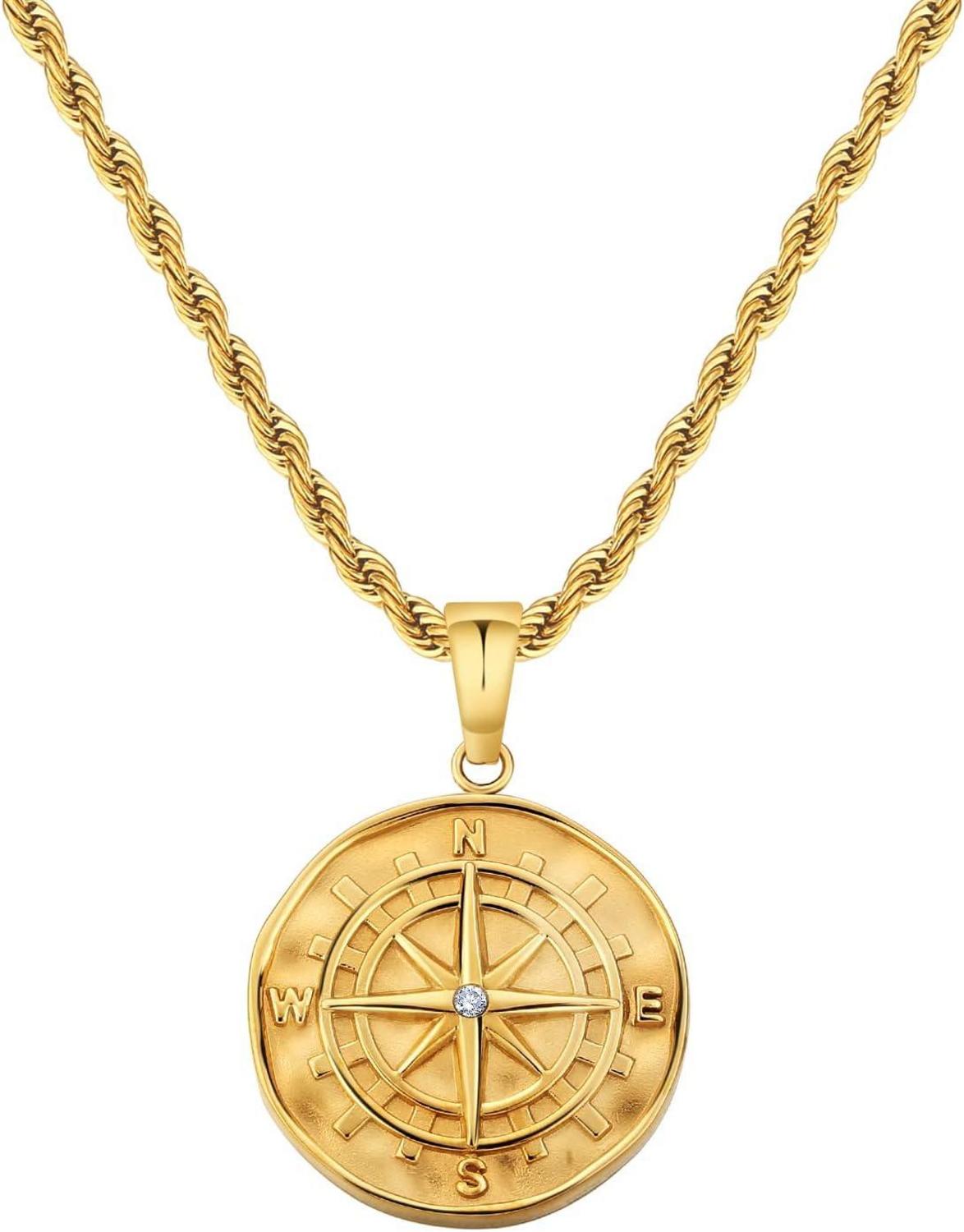 Herren Kompass Münze Anhänger Kordelkette 55,9cm Gold 2,5mm 18K Edelstahl