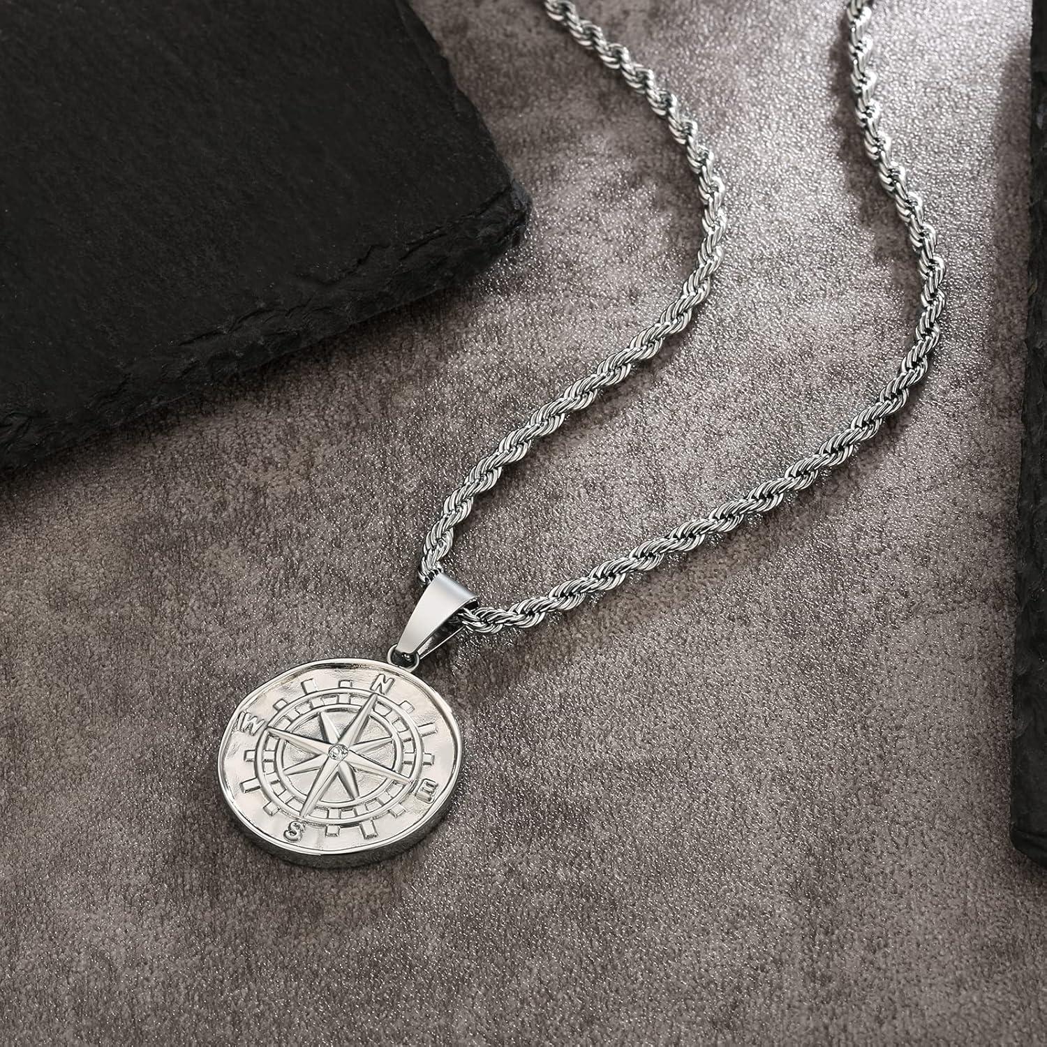 Kompass Halskette Herren Münze Anhänger Silber 55,9cm Edelstahl