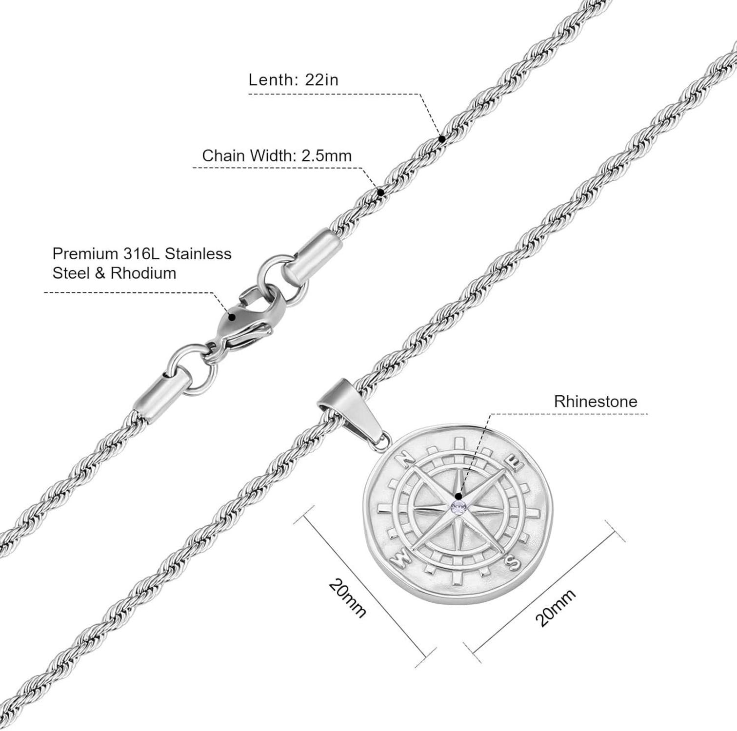 KRKC&CO Kompass Kette Herren Münze Silber 2,5mm 55,9cm Orientierungshilfe