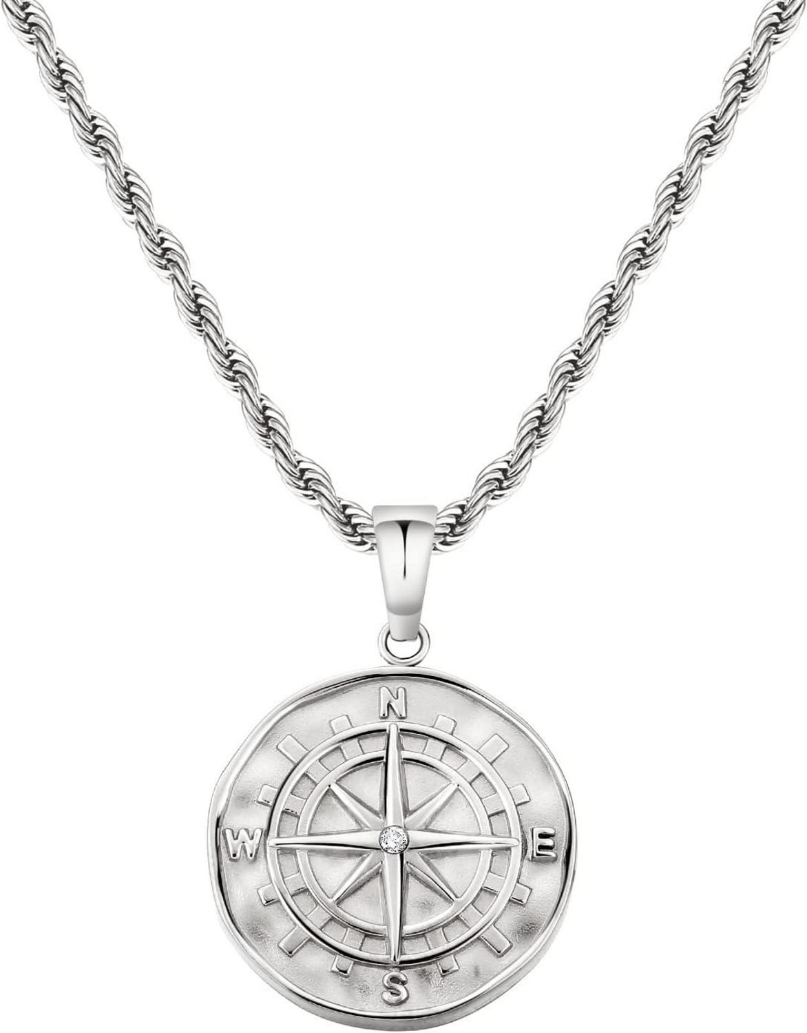 Kompass Halskette Herren Münze Anhänger Silber 55,9cm Edelstahl