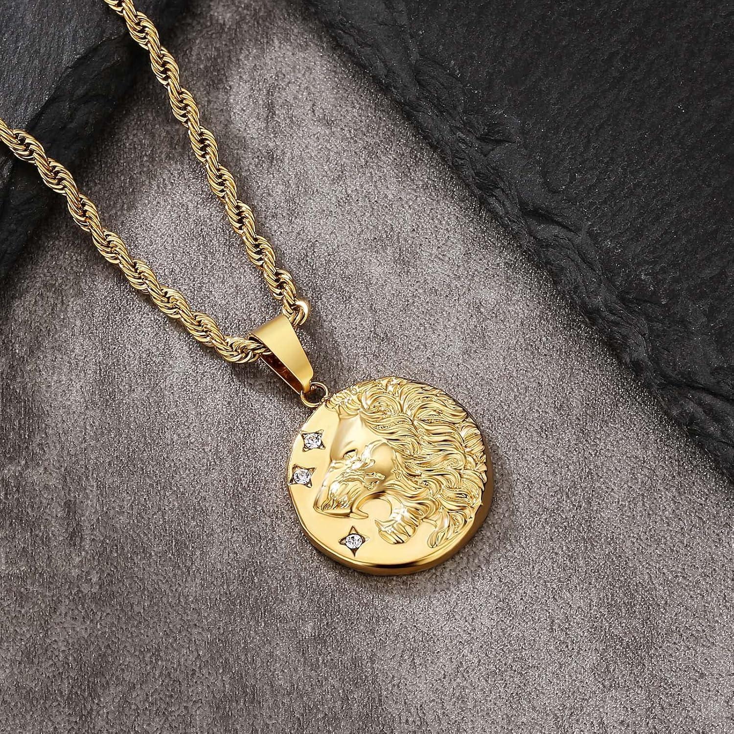 Herren Kette mit Löwe Anhänger Gold, 2,5mm Kordelkette 55,9cm, Geschenk für Männer Jungen